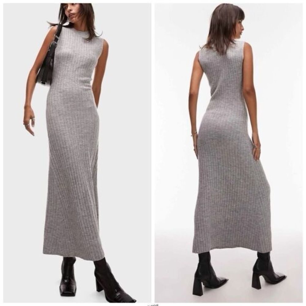 Topshop Ribbed Sleeveless Gray Knit Midi Dress- M